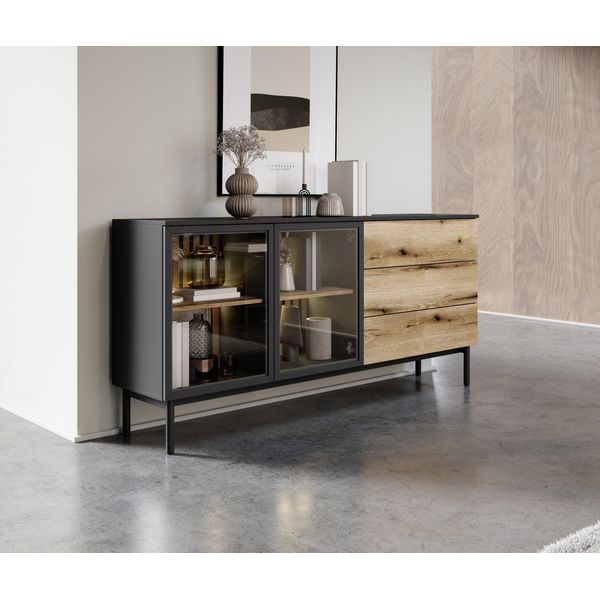 Cassettiera 180 Cm Rovere Evoke/Nero, Struttura A Doghe E Led - Stile Moderno-image