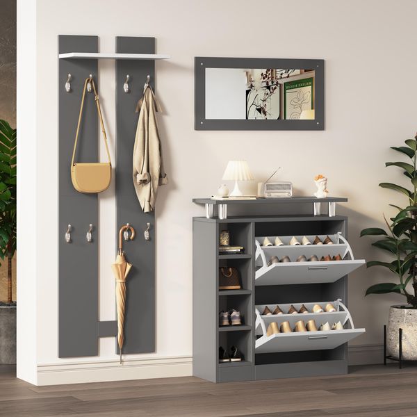 Set Guardaroba Abrihome, Scarpiera 80 X 25 X 96,5 Cm, Incluso Specchio, 2 Pannelli A Parete E Un Mobile A Scaffale, Guardaroba Per Corridoio, Grigio-image