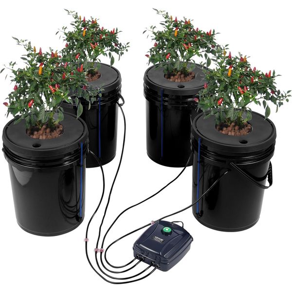 Vevor Dwc Hydroponics Grow System, Sistema Di Coltivazione Idroponica, Deep Water Culture Da 5 Galloni E 4 Secchi, Sistema Dwc Con Pompa D'aria, Pietre D'aria E Indicatore Del Livello Dell'acqua Per Ortaggi A Foglia-image