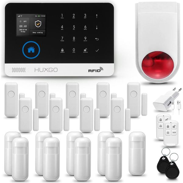 Huxgo HXA003 Sistema Di Allarme Casa Wifi + Gsm 2G Con Sirena Wireless, Sistema Di Allarme Con 9X Sensore Di Movimento E 9X Sensore Porta-Finestra, Sistema Di Allarme Per Appartamento, Casa, Garage, Tuya Smartlife App-image