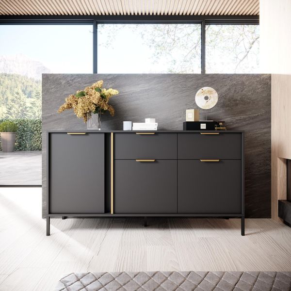 Cassettiera Moderna Antracite Con Maniglie Dorate 153X81X39 Cm-image