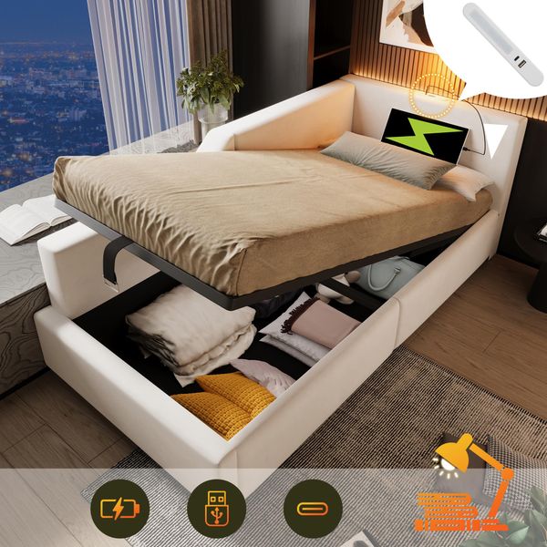 Flieks Letto Imbottito Idraulico Divano Letto 90X200Cm Con Funzione Di Ricarica (Usb E Tipo C), Letto Contenitore Letto Da Giorno Con Lampada Da Lettura, Letto Singolo Velluto, Beige-image