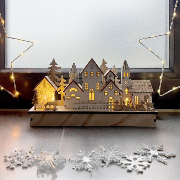 Villaggio Invernale A Led - Circa 30 X 14 Cm - Decorazione In Legno Illuminata Per Natale-image