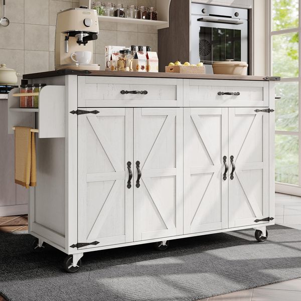 Abrihome Carrello Portavivande Carrello Portavivande Con Piano Di Lavoro E Armadietto Estraibili, Carrello Portavivande Con Quattro Ante E Due Cassetti-image