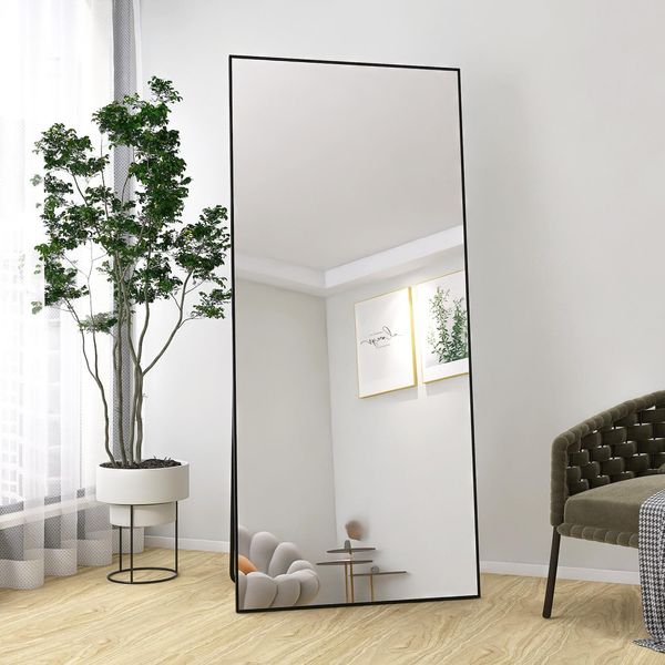 Specchio A Figura Intera, 180X80Cm, Specchio Da Appoggio Con Cornice In Metallo Nero Da Appoggiare O Appendere Alla Parete, Grande Specchio Da Terra Per Soggiorno, Camera Da Letto E Spogliatoio-image