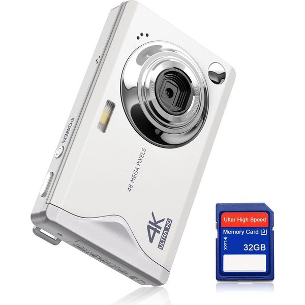 Zelurxx Fotocamera Digitale, 48MP, Fotocamera 1080P Fhd, 3.0 Pollici, Fotocamera Compatta, Zoom Digitale 16X, Portatile, Per Adolescenti Adulti Principianti, Bianco-image