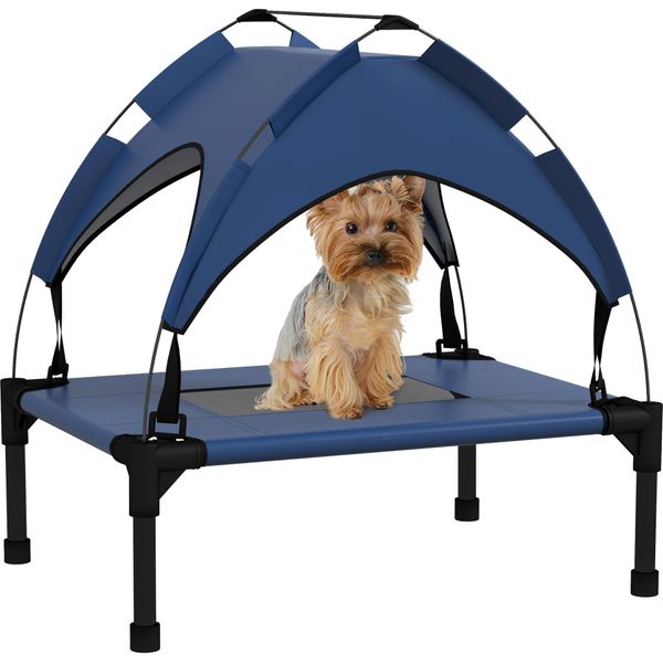 Pawhut Lettino Per Cani Rialzato Con Tettoia, Letto Per Animali, Letto Per Cani Da Esterno Con Tettoia, Traspirante, Per Cani Di Piccola E Media Taglia Blu Scuro Oxford 61 X 46 X 63 Cm-image