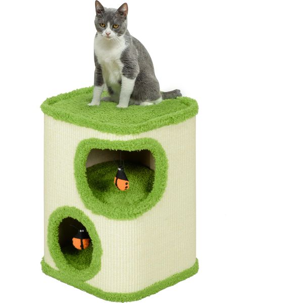Pawhut, Barile Per Gatti Alto 52 Cm Con 2 Grotte, Tiragraffi Con Coccinelle, Torre Per Gatti In Sisal, Grotta Per Gatti Fino A 5 Kg, Verde-image