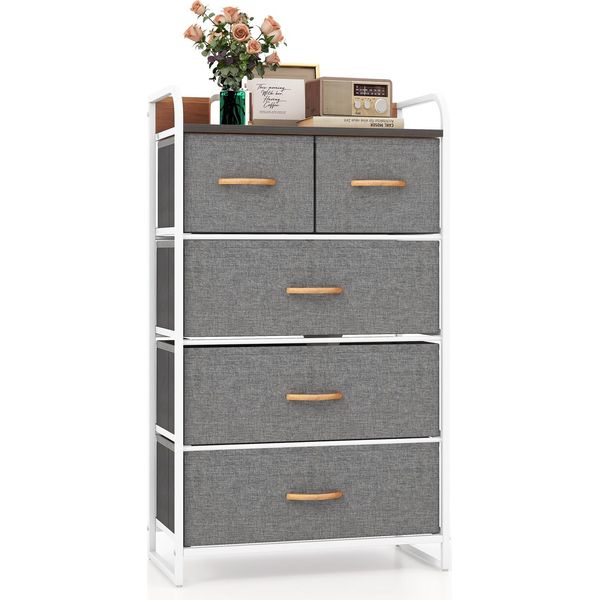 Cassettiera Costway Con 5 Cassetti In Tessuto, Cassettiera Con Struttura In Metallo E Superficie In Legno, Mobile Contenitore 58X30X100Cm Grigio-image