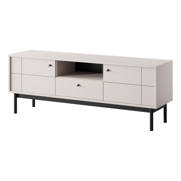 Mobile Tv Con Cassetto E Ante - Cashmere, Gambe In Legno Nero - 153,5 X 56,5 X 39 Cm - Stile Japandi-image