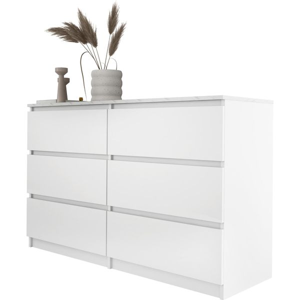 Cassettiera 6 Cassetti, Colore: Bianco Opaco / Marmo Bianco, 120 X 78 X 39 Cm-image