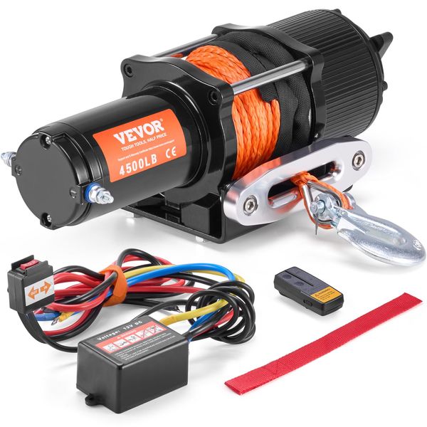 Skyshalo Argano Elettrico A Fune, Forza Di Trazione 2048 Kg, 12 V Dc Per Veicoli Fuoristrada/Utv, Con Cavo Sintetico A 12 Fili (Φ1/4 Di Pollice X 39 Piedi), Guida Del Cavo In Alluminio, Telecomandi-image