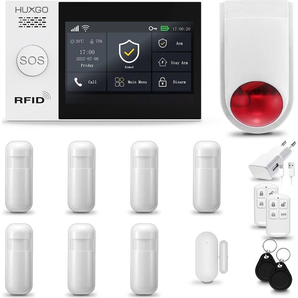 Huxgo HXA007 Sistema Di Allarme Casa Wifi + Gsm 2G Con Sirena Wireless, Sistema Di Allarme Con 7X Sensori Di Movimento E 1X Sensore Porta-Finestra, Sistema Di Allarme Per Appartamento, Casa, Garage, Tuya Smartlife App-image
