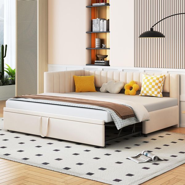 Flieks Letto Imbottito Divano Letto 90X200Cm Con Letto Estraibile, Letto In Legno Letto Per Giovani Letto Per Bambini Divano Letto Con Rete A Doghe, Letto Da Giorno Letto Funzionale In Velluto, Beige-image