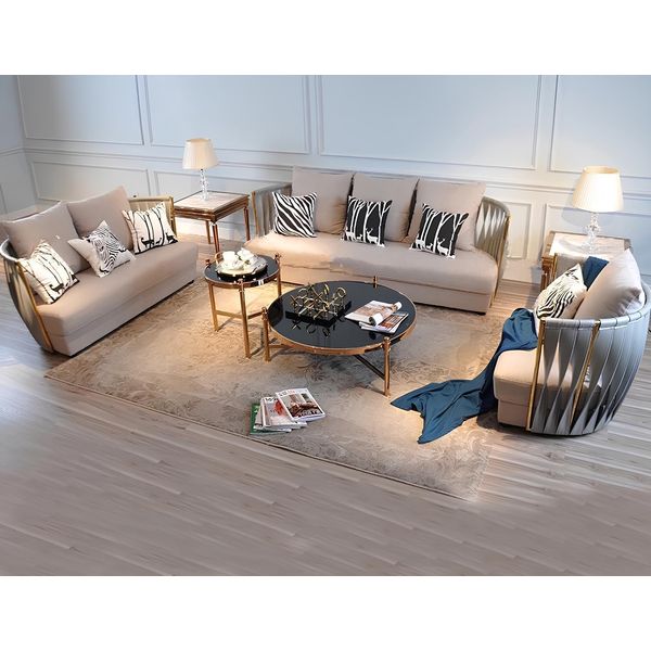 Divano Chesterfield In Metallo Con Seduta Imbottita Set Divano 3+1 Tessuto Design Set-image