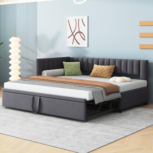 Flieks Letto Imbottito Divano Letto 90X200Cm Con Letto Estraibile, Letto In Legno Letto Per Giovani Letto Per Bambini Divano Letto Con Rete A Doghe, Letto Da Giorno Letto Funzionale In Velluto, Scuro-image