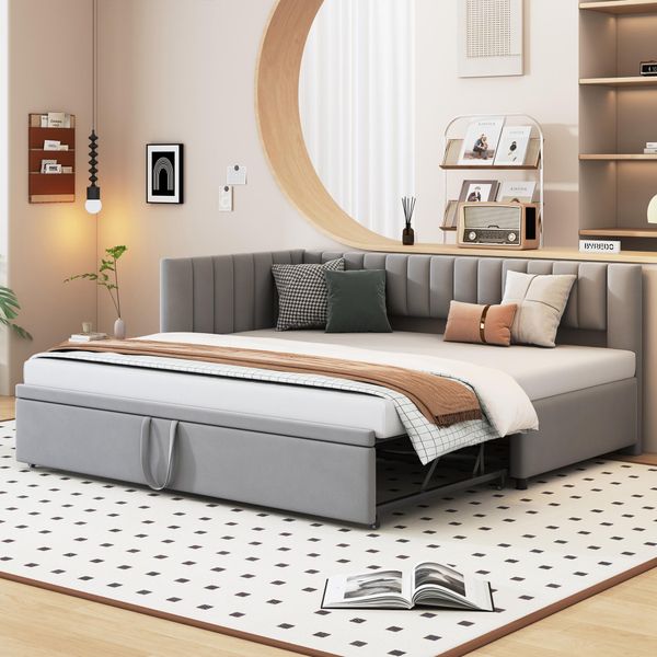 Flieks Letto Imbottito Divano Letto 90X200Cm Con Letto Estraibile, Letto In Legno Letto Per Giovani Letto Per Bambini Divano Letto Con Rete A Doghe, Letto Da Giorno Letto Funzionale Velluto, Grigio-image