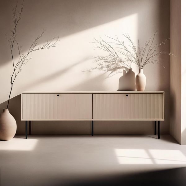 Mobile Tv A 2 Ante In Acciaio E Mdf Decoro Melaminico 150 Cm Beige - Oviala Romeo-image