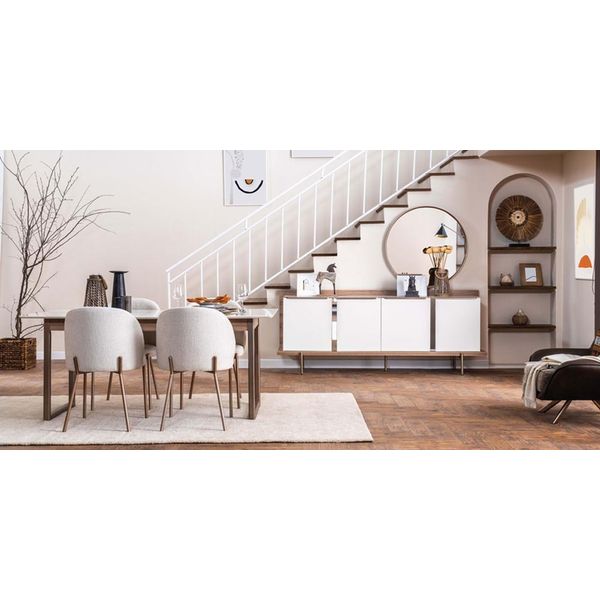 Set Da Pranzo Moderno Bianco Tavolo Da Pranzo 4X Sedie Imbottite Credenza Elegante-image