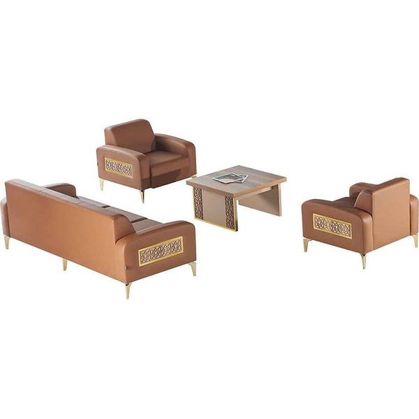 Set Divano Marrone 3 Posti Poltrona Tavolino Moderno Pelle Legno Acciaio Inox-image