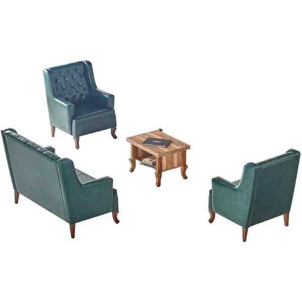 Sedute Classic Chesterfield Green Set 3 Sedute Poltrona Tavolino Marrone-image