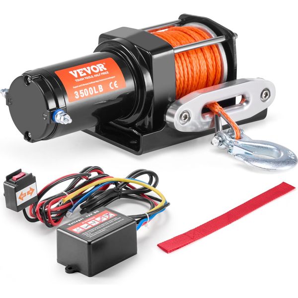Vevor Argano Elettrico A Cavo, Capacità Di Trazione Del Cavo Di 3500 Lb, Argano Per Atv/Utv Da 12 V Dc Con Cavo Sintetico Da Φ3/16 Di Pollice X 39 Piedi A 12 Fili, Guida Del Cavo In Alluminio, Telecomando Cablato, Impermeabile IP55-image