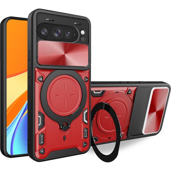 Custodia Per Google Pixel 9 Pro Xl A Doppio Strato Con Copertura Della Fotocamera E Supporto Ad Anello Rosso-image