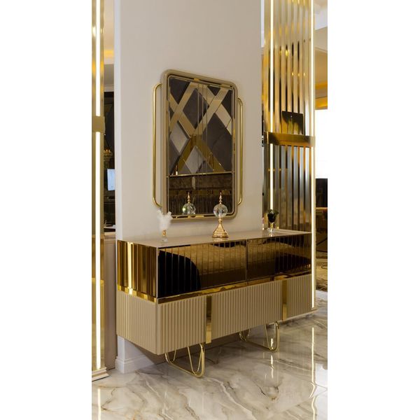 Cassettiera A Specchio Con Specchio Oro Acciaio Inox Legno Soggiorno Di Lusso-image