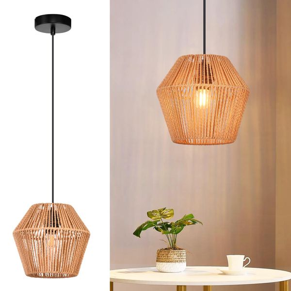 Zmh Lampada A Sospensione Vintage In Rattan Lampada A Sospensione Boho Per Sala Da Pranzo Lampada 150Cm E27 Lampada A Sospensione Rustica Da Tavolo Appesa 40W-image