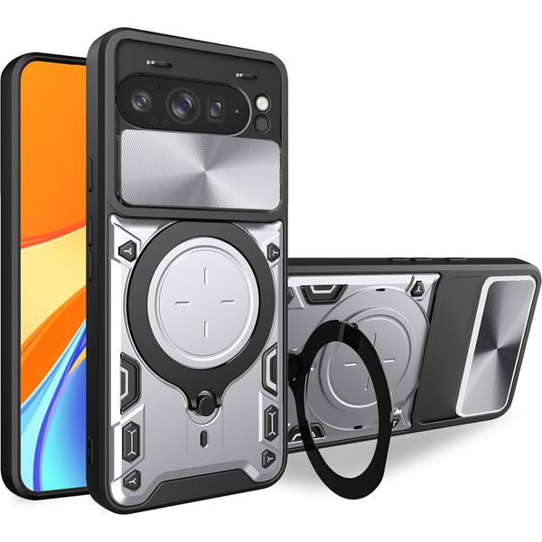 Custodia Per Google Pixel 9 Pro Xl A Doppio Strato Con Copertura Della Fotocamera E Supporto Ad Anello Argento-image