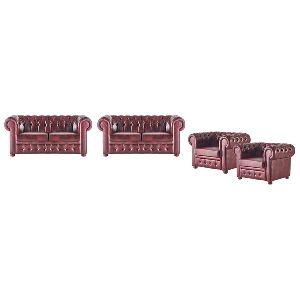 Set Di Divani In Pelle Poltrona A 2 Posti Bordeaux Chesterfield Classico Legno 4 Pezzi.-image