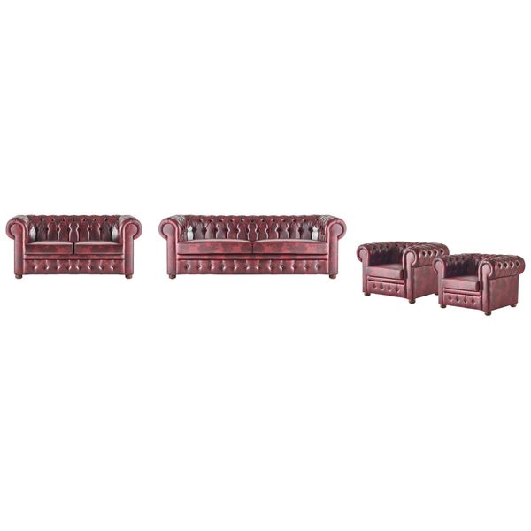 Set Divano Divano Chesterfield 3 Posti 2 Posti Poltrona Bordeaux Set 4 Pezzi.-image