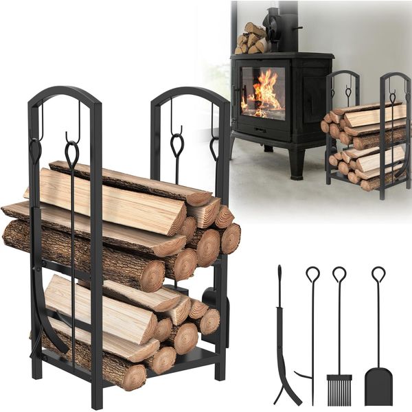 Sessamen-Lp Porta Legna Da Ardere Supporto Per Legna Da Ardere Nero Porta Legna Da Ardere Porta Legna Da Ardere Con 4 Attrezzi Da Caminetto Aiuto Per Impilare I Ceppi Di Legna Da Ardere (74X40X38Cm)-image