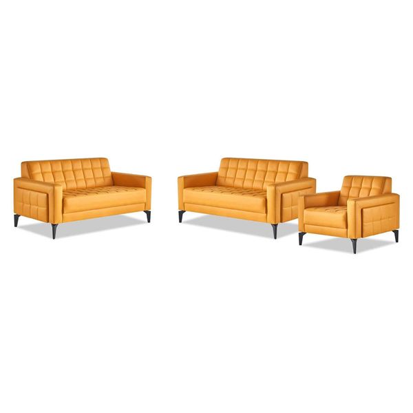 Set Di Mobili Divano Poltrona 2 Posti Moderno Giallo Pelle Divani In Pelle Acciaio Inox-image