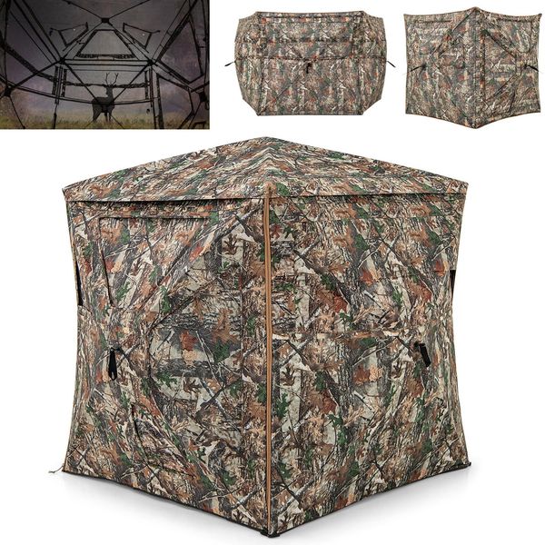 Costway 5 Pezzi Pieghevoli Per 2-3 Persone, Tenda Da Caccia Trasparente A 360°, Tenda Mimetica Pieghevole Con Borsa Per Il Trasporto E Oblò Apribile-image