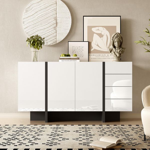 Credenza Lucida Merax, Credenza Moderna Con 2 Ante E 4 Cassetti, Design Elegante Per Soggiorno O Sala Da Pranzo, Bianco-image