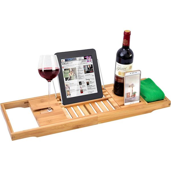 Lusso Bagno Regolabile Vasca Da Bagno Rack Bambù Caddy Scaffale Doccia Vassoio Vaschetta Sopra Libro Asciugamano Supporto Vino-image