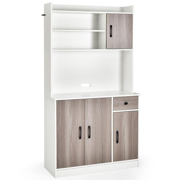 Costway Mobile Da Cucina Alto 180 Cm Con Stazione Di Ricarica Integrata, Credenza Buffet Con Piano, Piano Di Lavoro, 4 Ripiani Regolabili Bianco-image