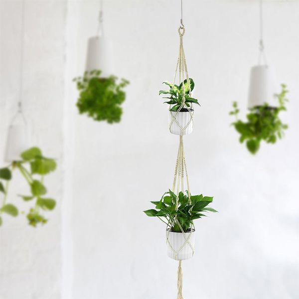 Doppio Strato Di Cotone Fatto A Mano Portavaso Di Fiori Appeso Cesto Di Fiori Appeso Corde Giardino Decorazione Casa Cotone Pianta Appeso Macrame Corda Appeso Bas-image