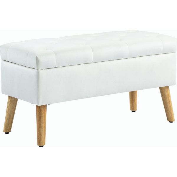 Homcom Panca Con Contenitore, Panca Imbottita Con Coperchio, Panca Letto Con Aspetto Vellutato, Per Corridoio Camera Da Letto Soggiorno, Legno Di Gomma 80 X 35 X 42 Cm Bianco-image