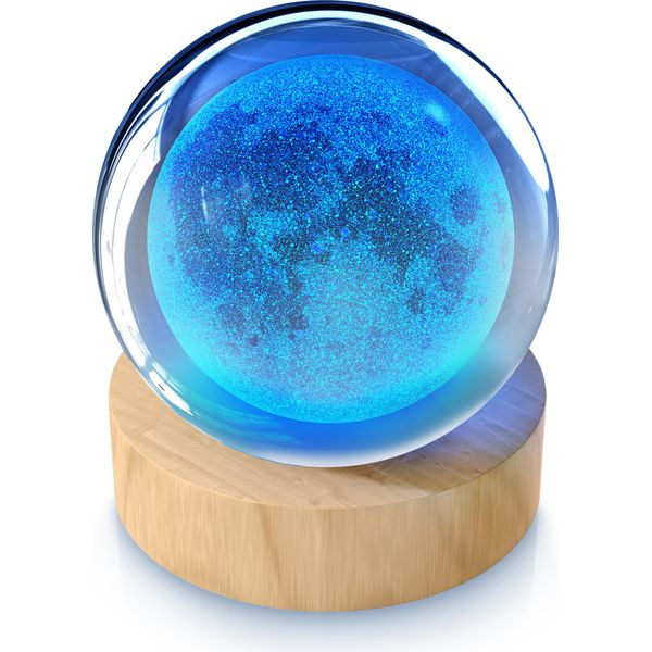 Mybeo Led Luce Decorativa Sfera Di Vetro 3D, Sfera Di Cristallo Incandescente Con Incisione, Scultura Luminosa Notturna A Colori, Led Rgb, Cristallo K9, 6 Cm ⌀, Base In Legno, Luna-image