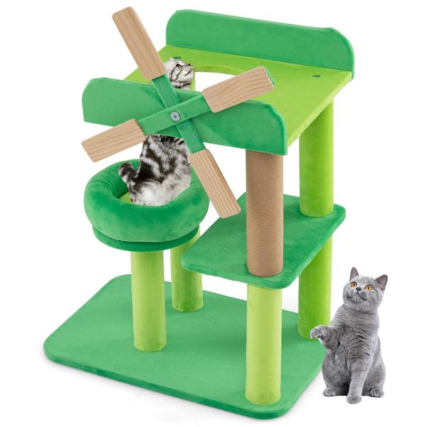 Costway Piccolo Tiragraffi, Albero Per Gatti Con Superficie Di Appoggio, Piattaforme, Tiragraffi, Torre Per Gatti A Forma Di Mulino A Vento Per Gatti Piccoli 50X34X60Cm Verde-image