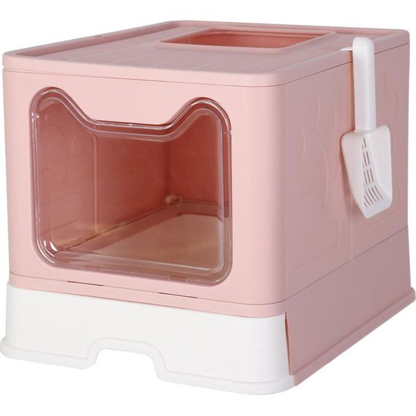 Wisfor Lettiera Per Gatti Con Ciotola Estraibile, Lettiera Con Paletta, Pieghevole Portatile A Doppia Anta, Rosa-image