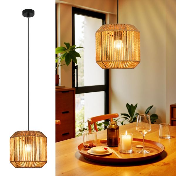 Zmh Lampada A Sospensione Tavolo Da Pranzo Lampada A Sospensione Vintage Lampada A Sospensione Sala Da Pranzo Rattan Tavolo Da Pranzo Lampada 1 Fiamma Lanterna Design E27 Lampada A Sospensione Per Camera Da Letto Letto Soggiorno Corridoio (Lampadina Non Inclusa)-image