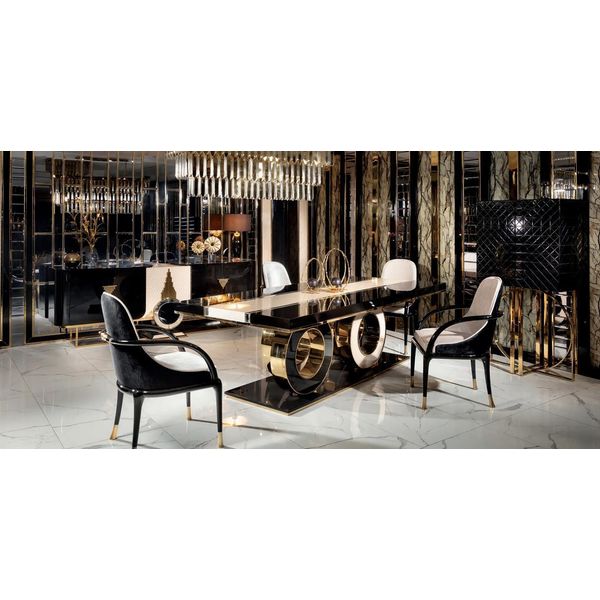 Set 8Pcs Tavolo Da Pranzo 4Xsedie Credenza Specchio Vetrina Soggiorno Lusso Moderno Nuovo-image