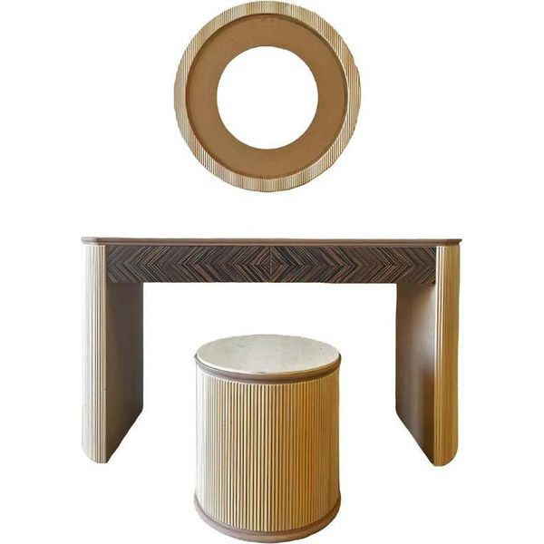 Set 3Pz Tavolo Da Toilette Con Specchio Sgabello Camera Da Letto Stile Italia Sequoia Nuovo-image