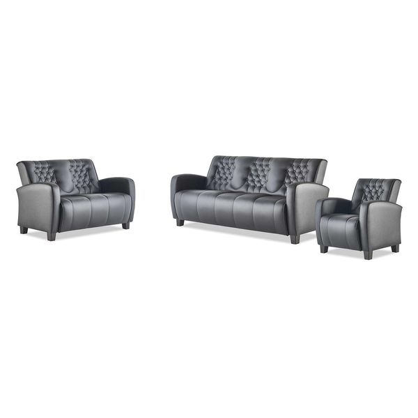Set Completo Di Divani In Pelle Chesterfield A 3 Posti E 2 Poltrone Nere-image
