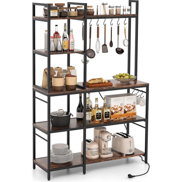 Scaffale Da Cucina Costway, Scaffale In Piedi Con Prese, 5 Ripiani Scaffale Per Microonde Con Ripiani E 10 Ganci A S, Struttura In Metallo Fino A 100Kg Marrone Vintage, 107X37X160C-image