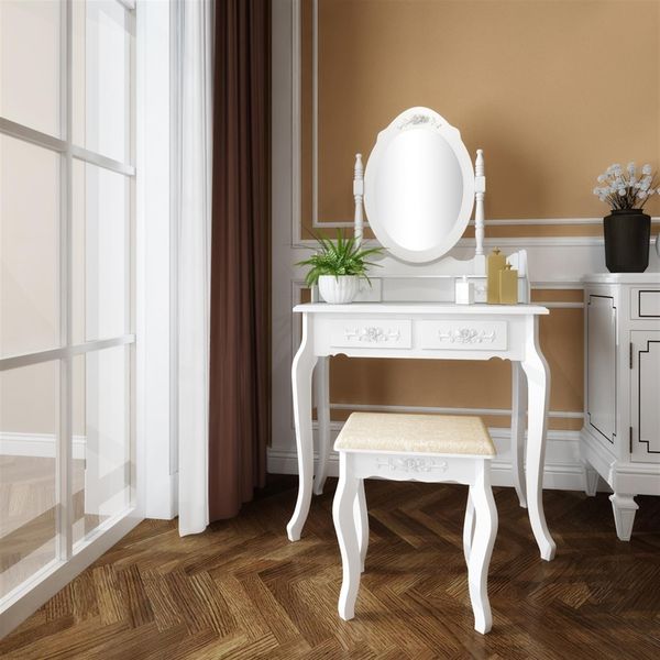 Tavolino Da Toilette Aiorber, Specchio Girevole A 360°, Con Sgabello, Robusto, 4 Cassetti, Tavolini Da Toilette, Per Camere Da Letto, 75 X 40 X 142,5 Cm, Bianco-image