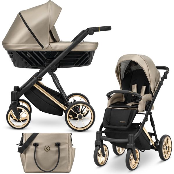 Ivento Passeggino Carrozzina Per Bambini Seggiolino Auto Completo Set Passeggino 2 In 1 (Eco Cappucino Metalic, Colore Telaio: Oro)-image